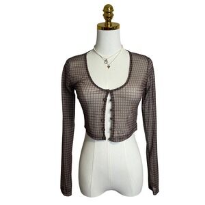 Motel Rocks Brown Grid Mesh Cropped Cardigan Long Sleeve Sheer Top Womens Medium